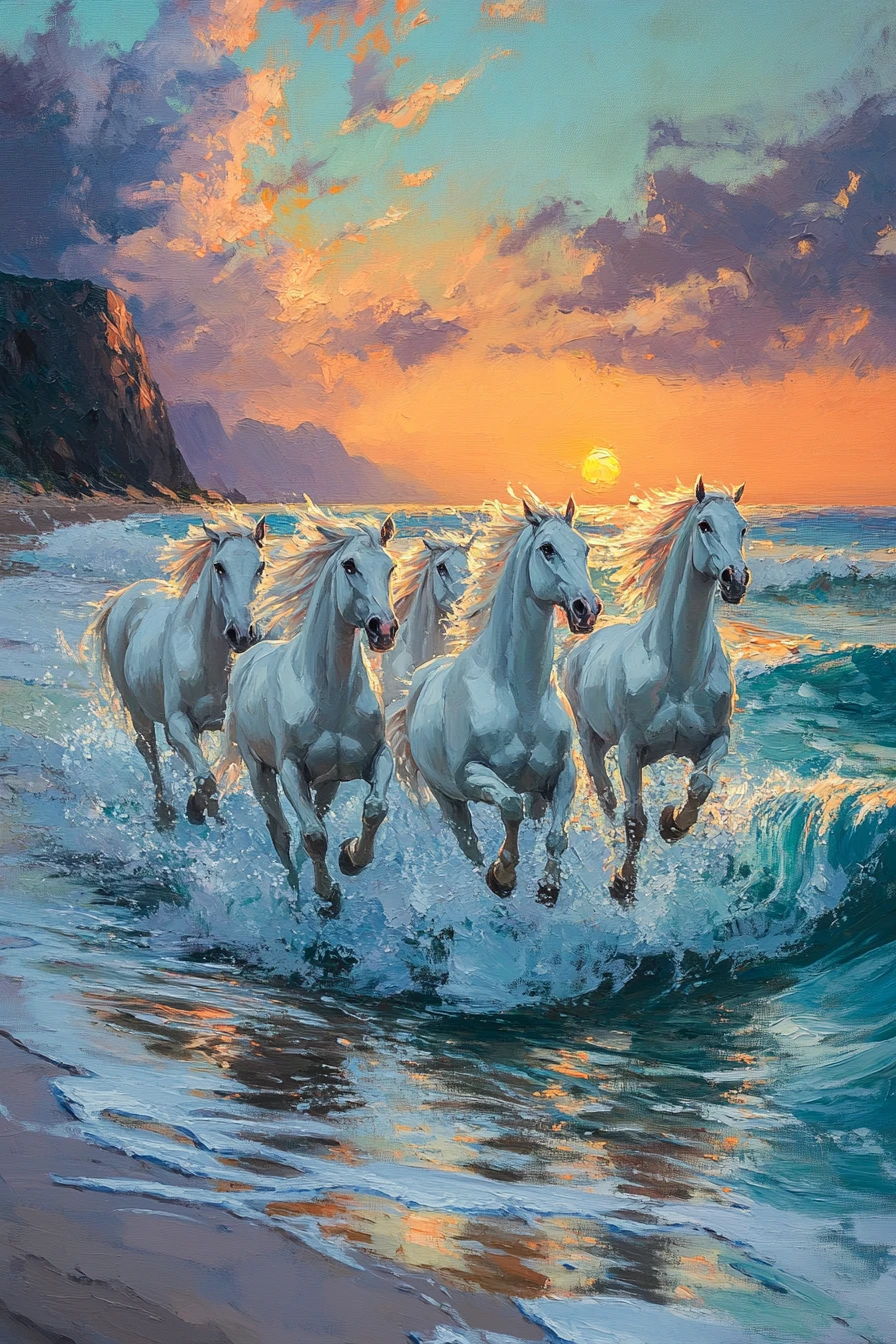 White horses running through ocean waves at sunset