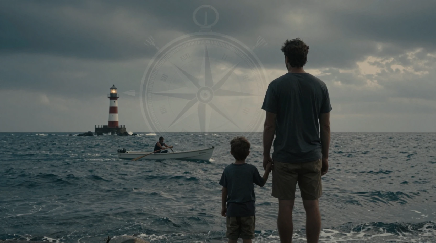 Father And Son Silhouette Overlooking The Vast Ocean