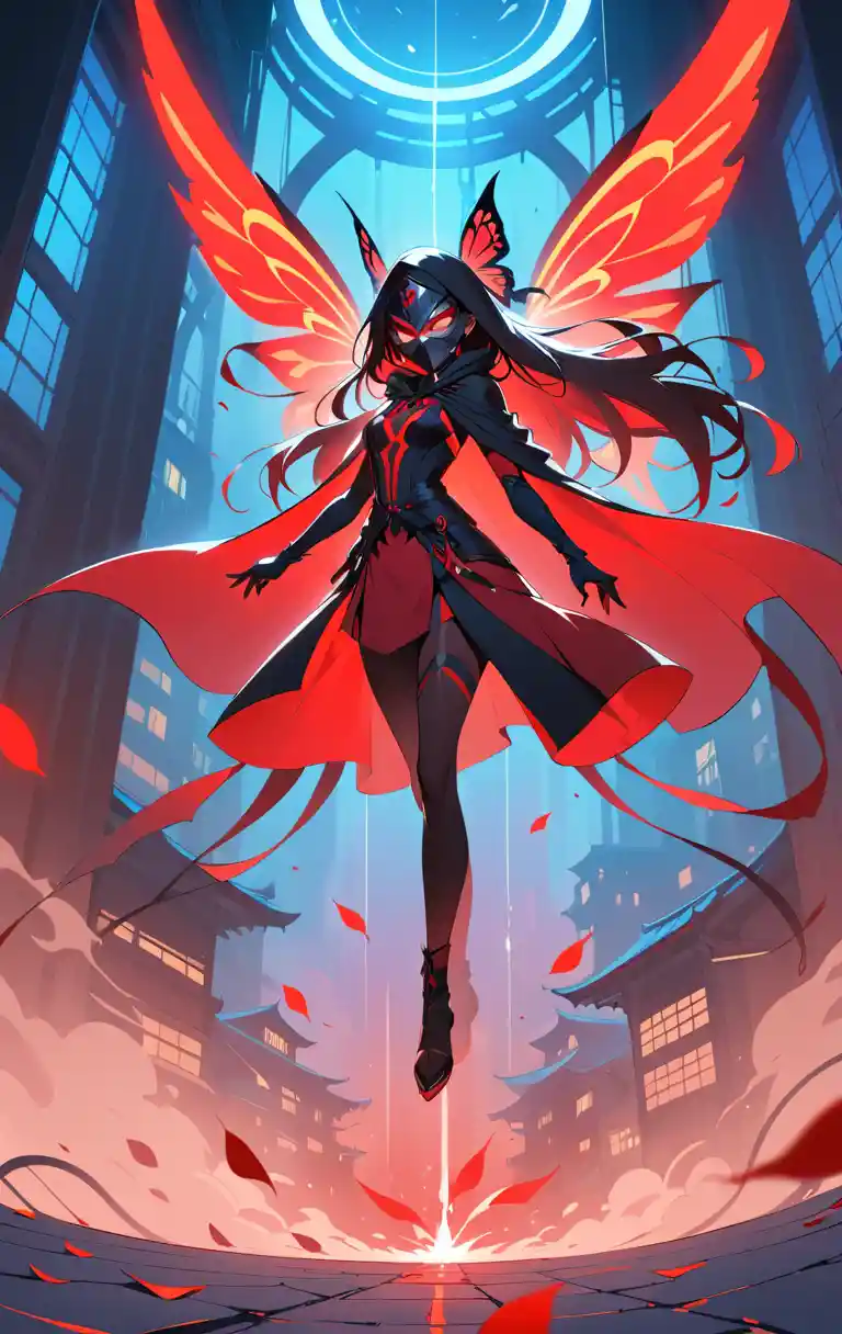 Masked crimson assassin on a neon rooftop with red butterflies