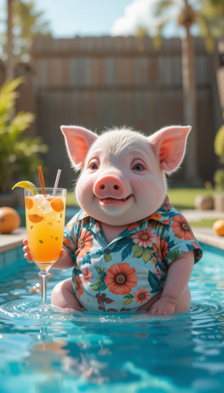 Cute pink piglet in a wading pool wearing a Hawaiian shirt