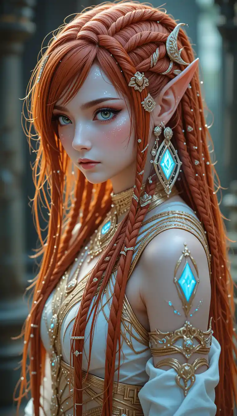 Alien elf priestess in glowing runed ceremonial outfit