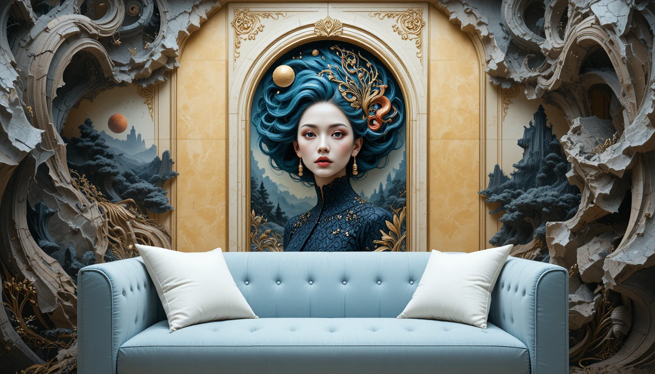 Blue velvet sofa in a yellow room with landscape portal