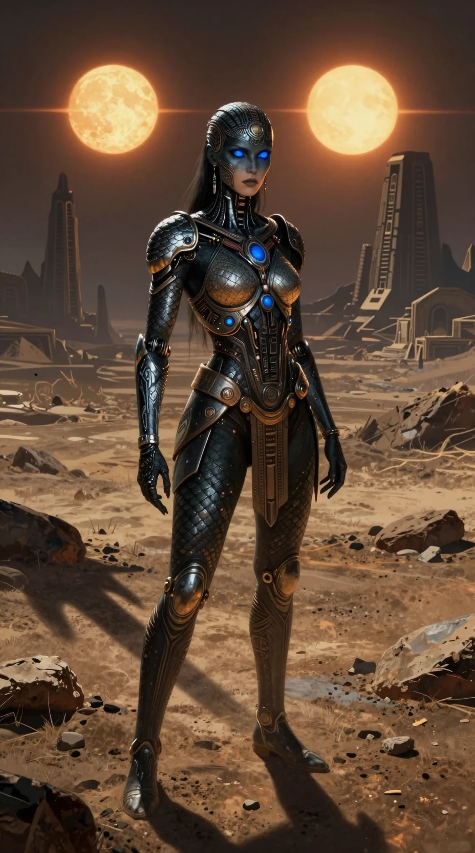 Alien warrior woman under twin suns on rocky world