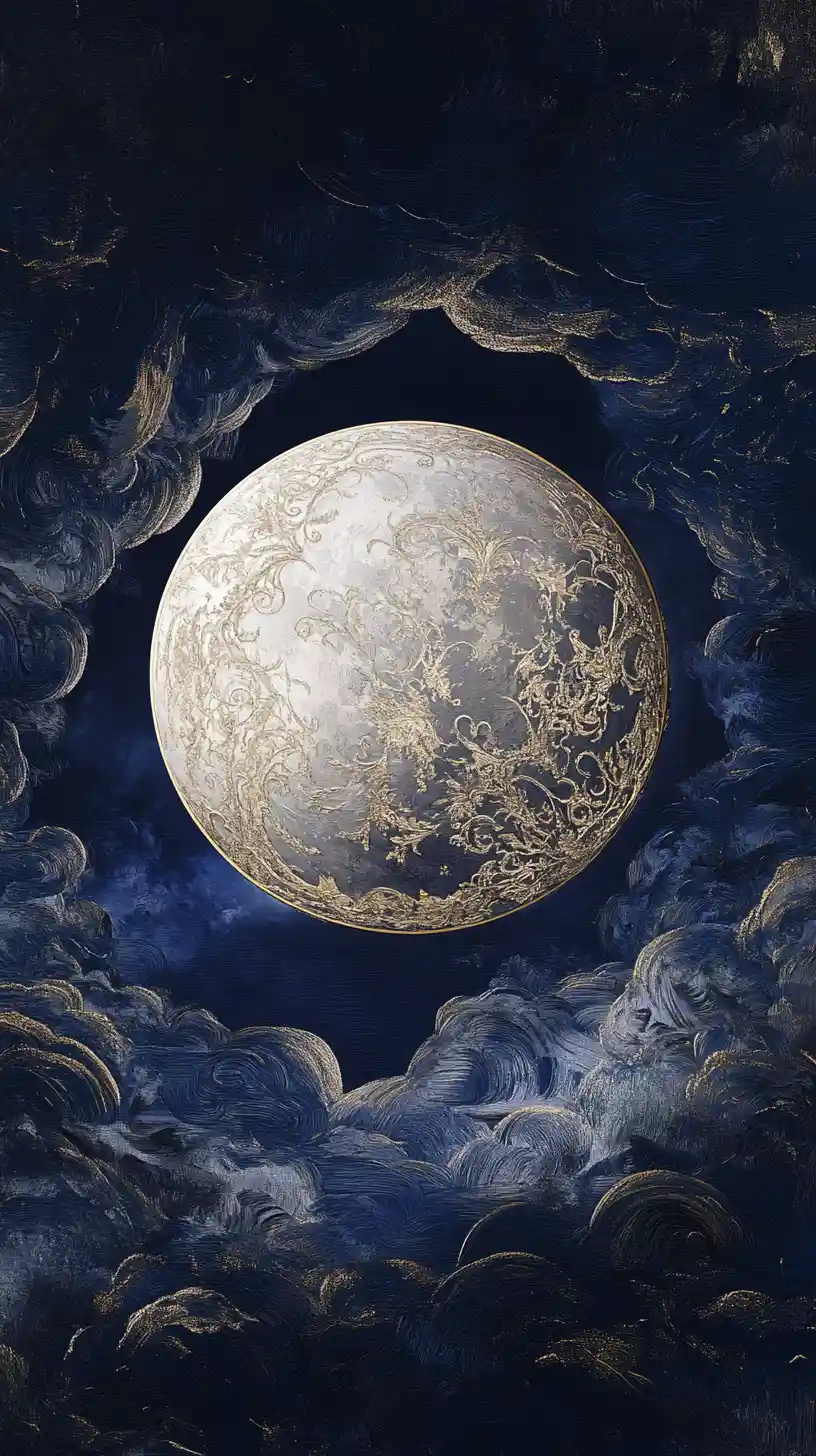 Serene Baroque Moon Against Deep Swirling Night Clouds