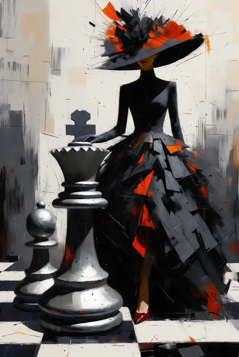 Elegant woman with chess pieces in abstract digital painting