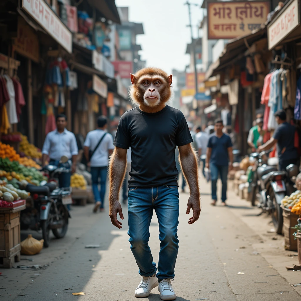 Anthropomorphic Monkey Walking Through Busy Indian Street Market