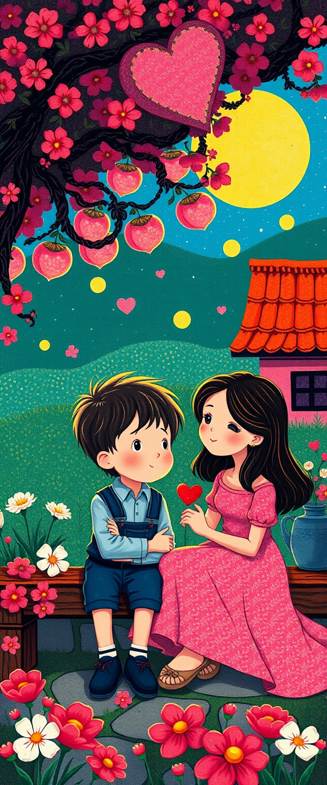 Colorful fantasy village with a boy and his loving mother