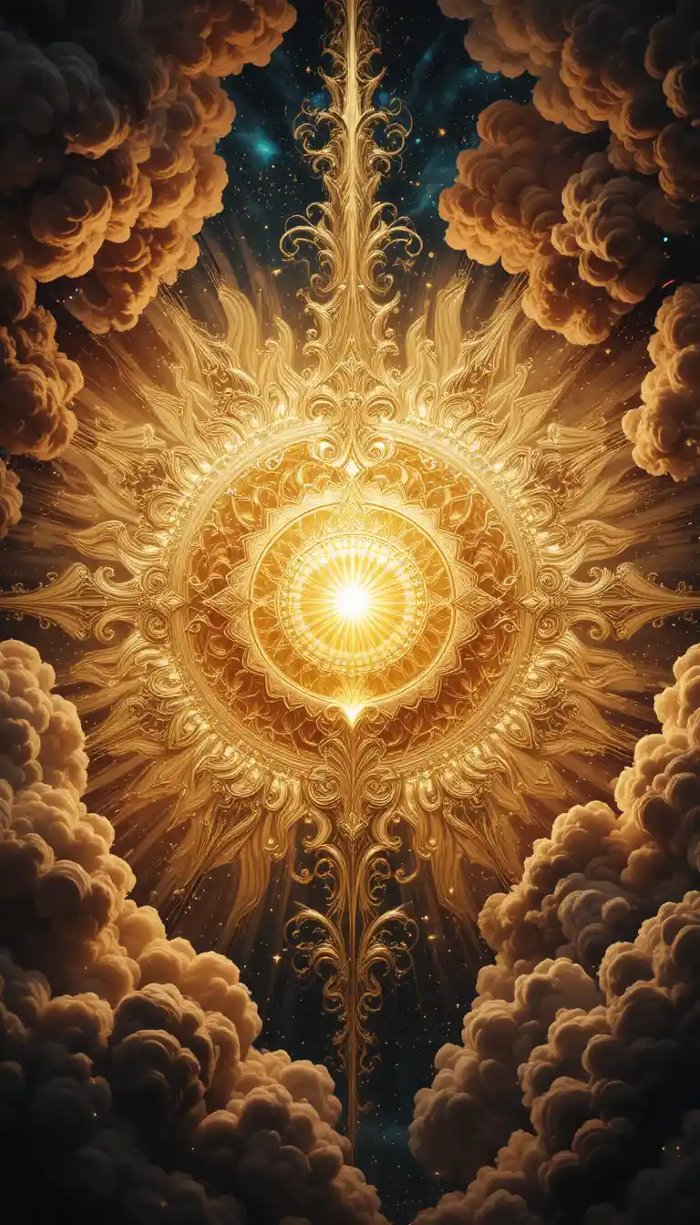 Radiant golden sun amid swirling celestial clouds