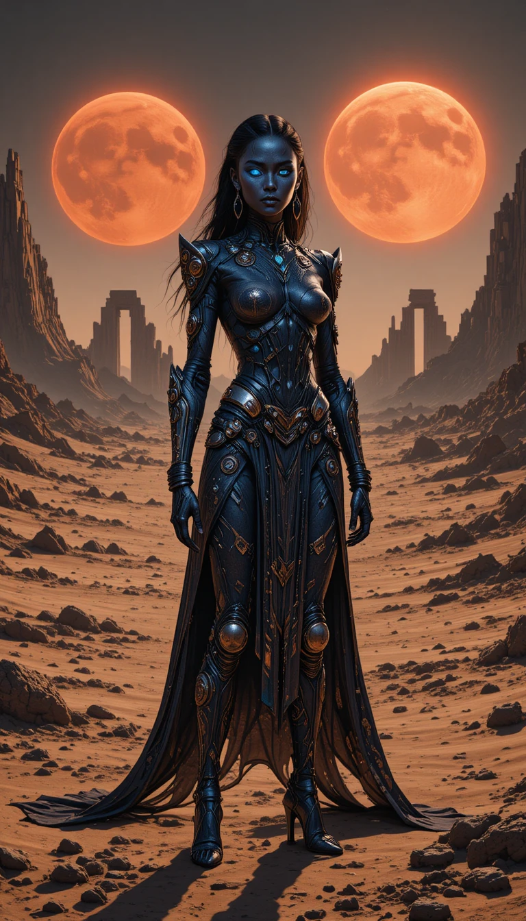 Mulher de pele obsidiana em um mundo alienígena árido