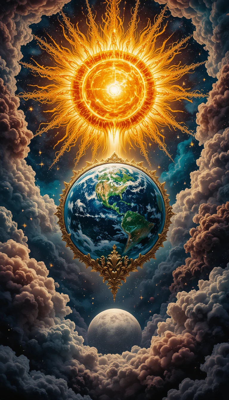 Baroque celestial trio of sun earth and moon in space