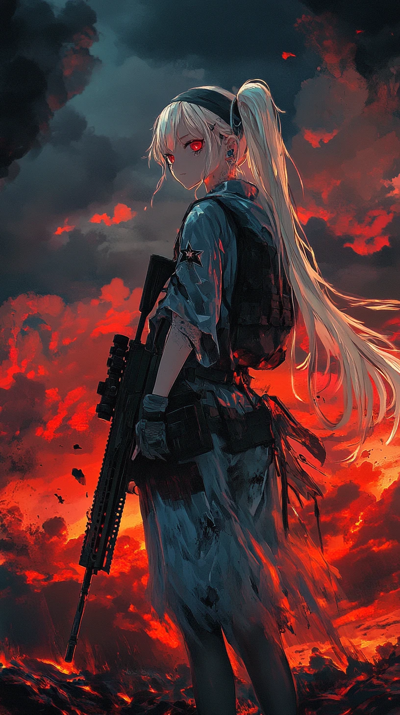 Chica de anime apuntando con un rifle en una zona de guerra en ruinas