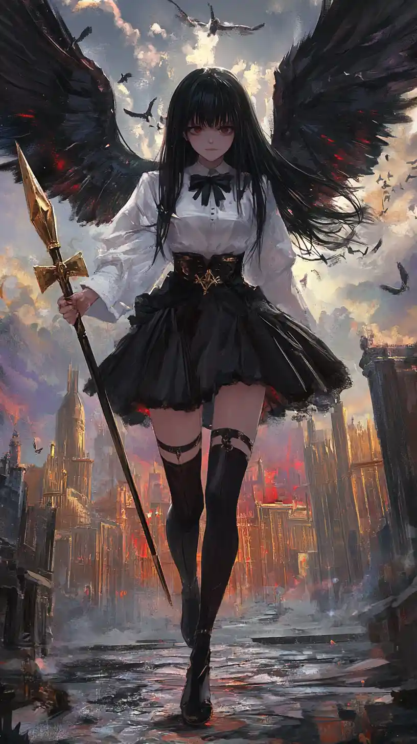 Anime girl with dark halo and geometric angel wings