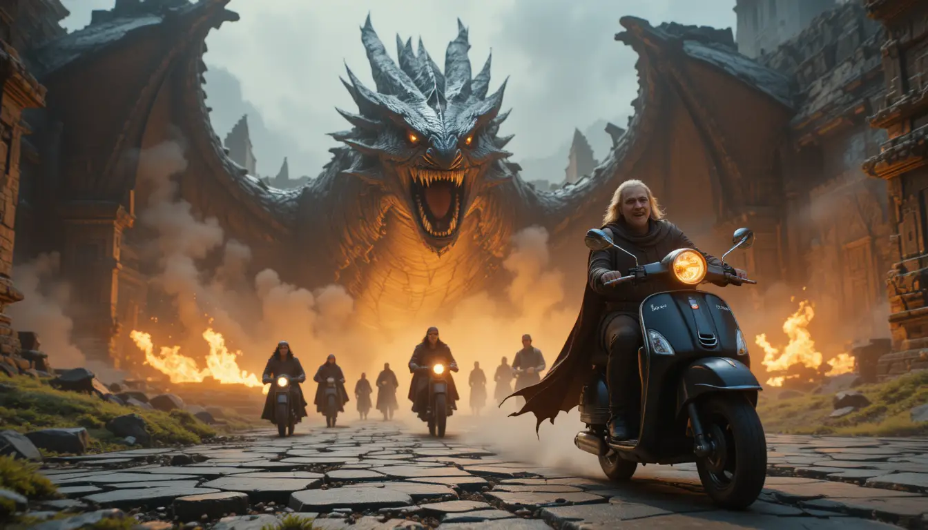 Elderly woman laughing while riding a vintage scooter