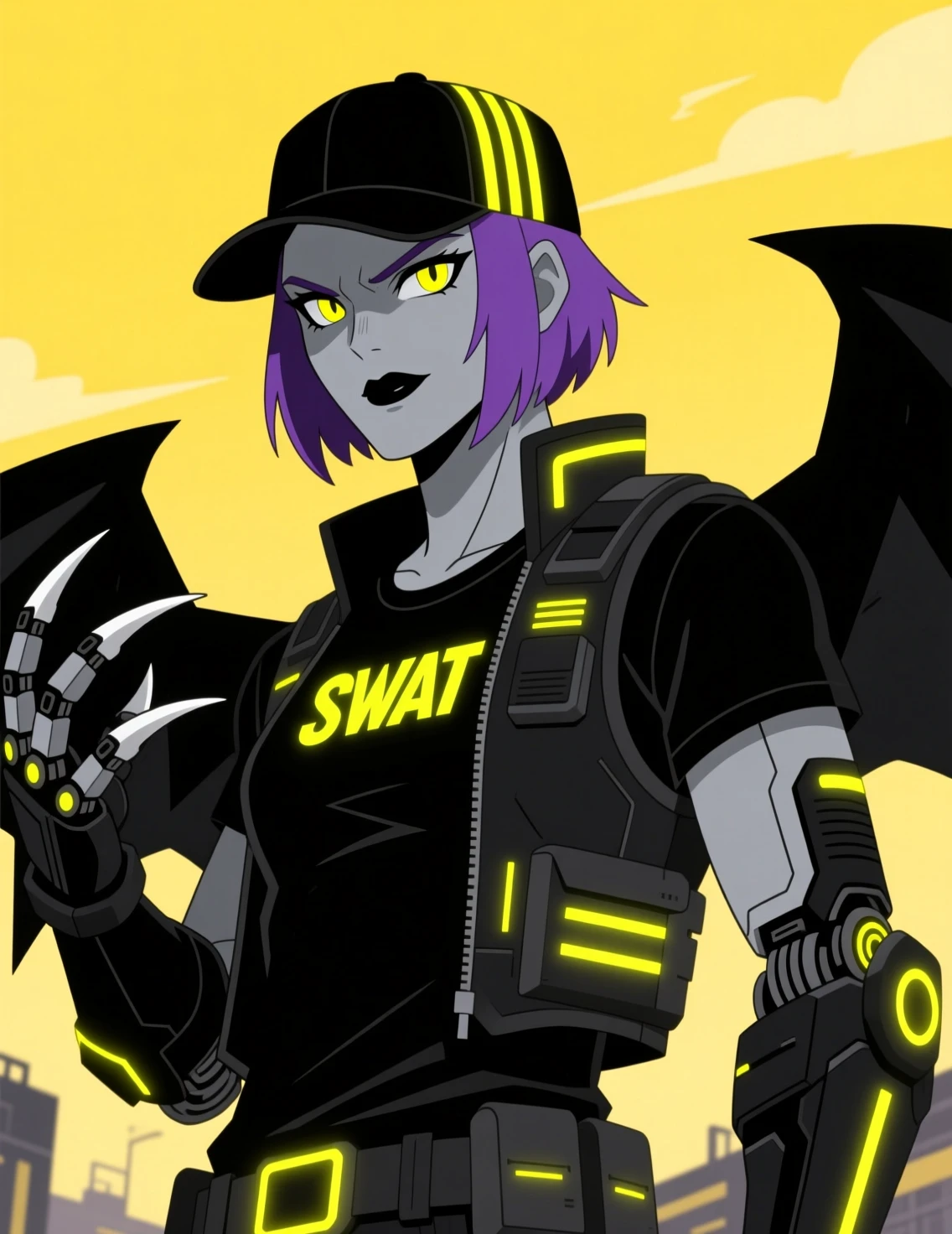 Futuristic anime woman with neon armor and glowing eyes
