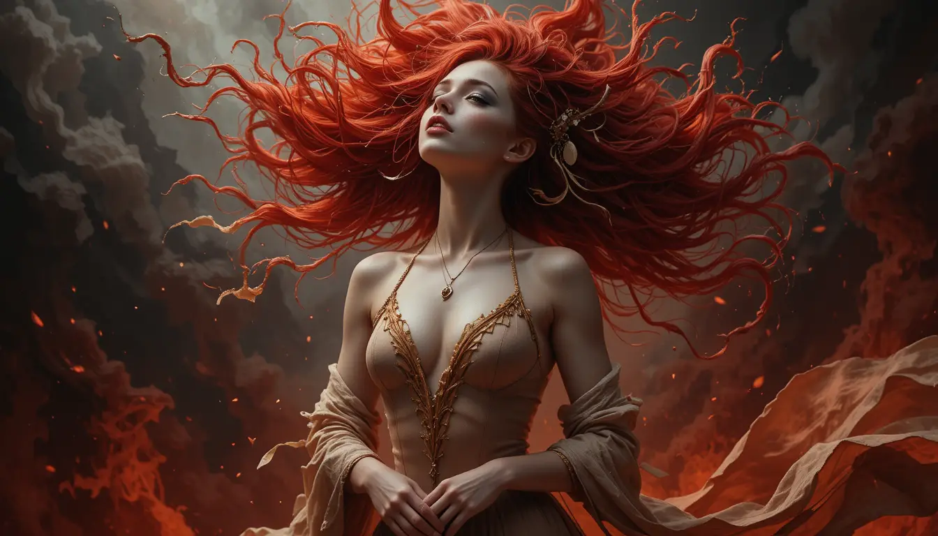 Ecstatic fire mage woman in dramatic crimson glow