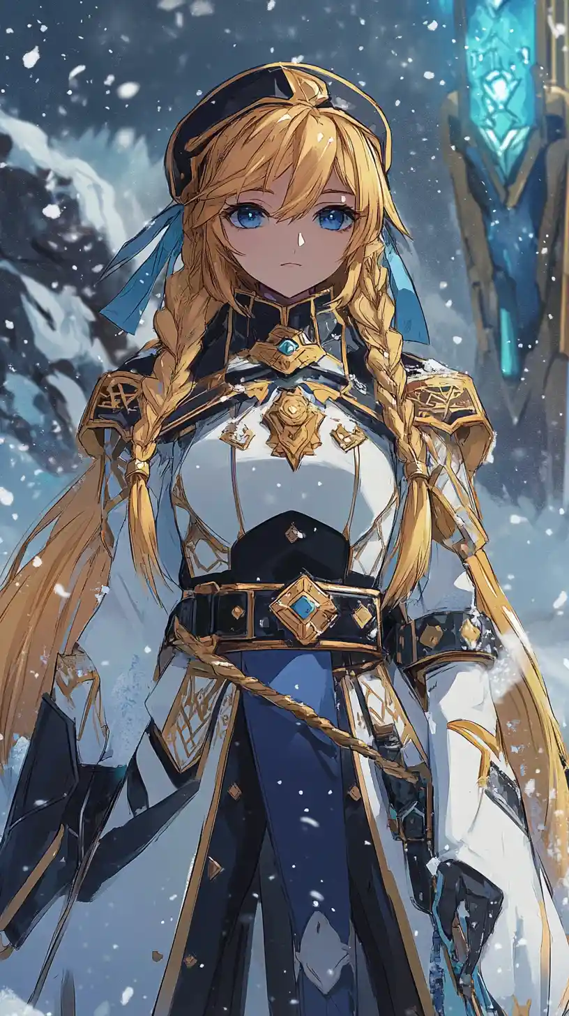 Golden haired warrior woman in ornate armor with sword