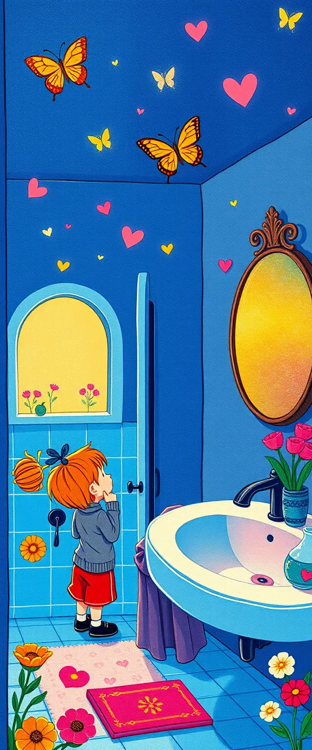 Mother and son in a neon childlike bathroom illustration