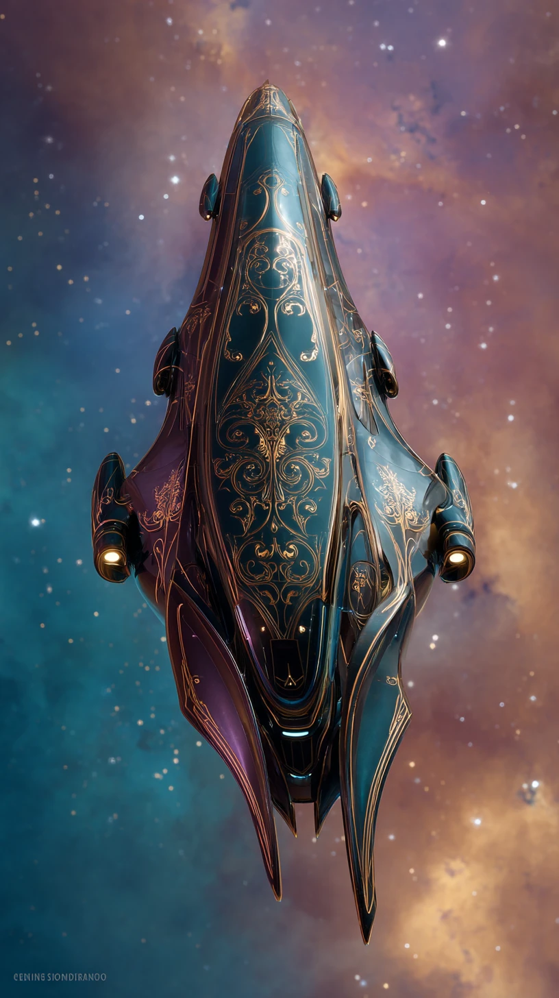 Luxurious spacecraft gliding through a glowing cosmic nebula