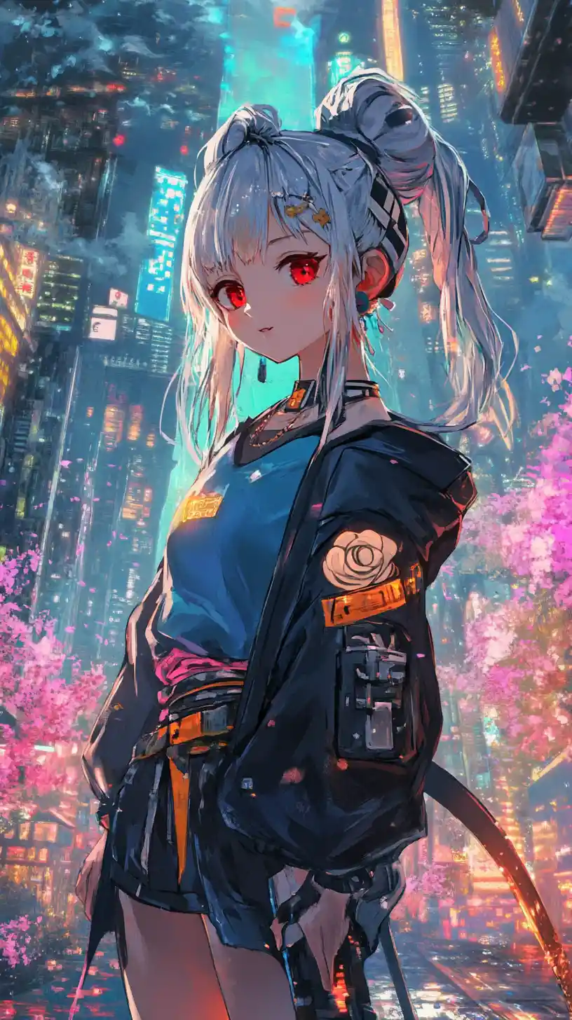 Anime girl approaching a concrete tower with pink storm trees