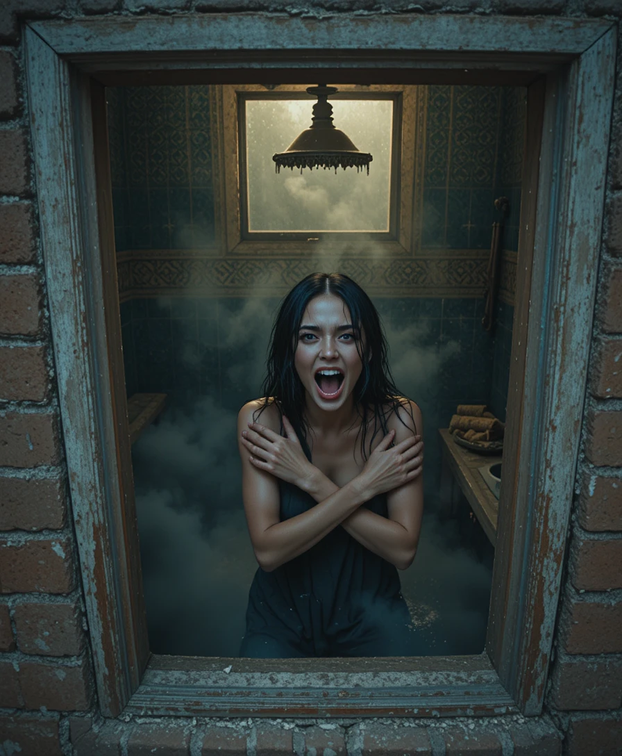 Terrified woman screaming inside steamy tiled bathhouse