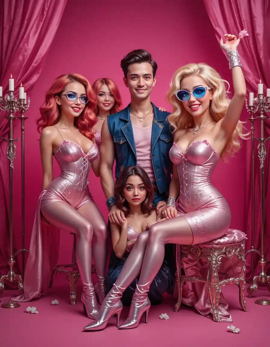 Eccentric group posing in bright pink fashion studio