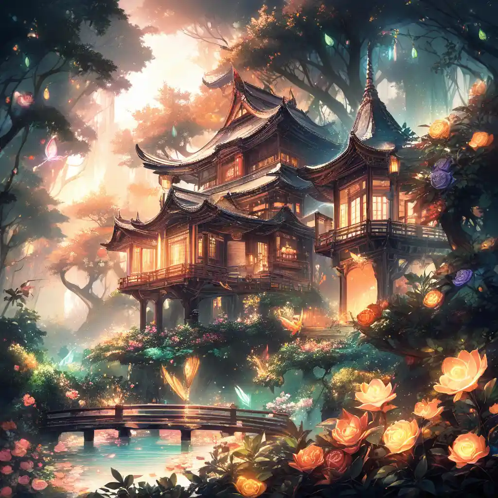 Enchanted Fantasy Village Surrounded By Colossal Rose Ponds