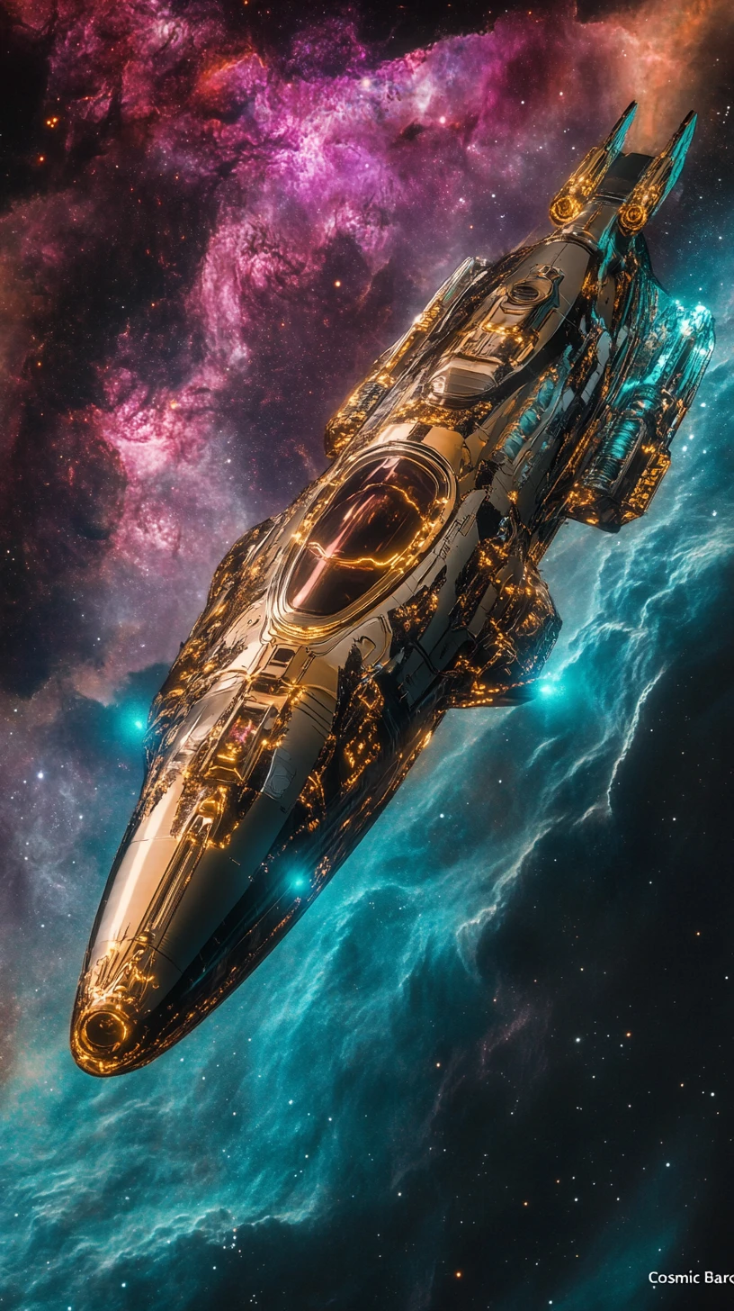Luxurious spaceship gliding through a glowing cosmic nebula