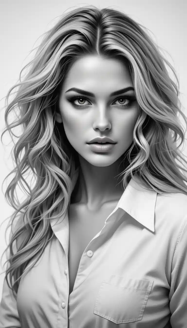 Serious blonde woman in white shirt on plain white background