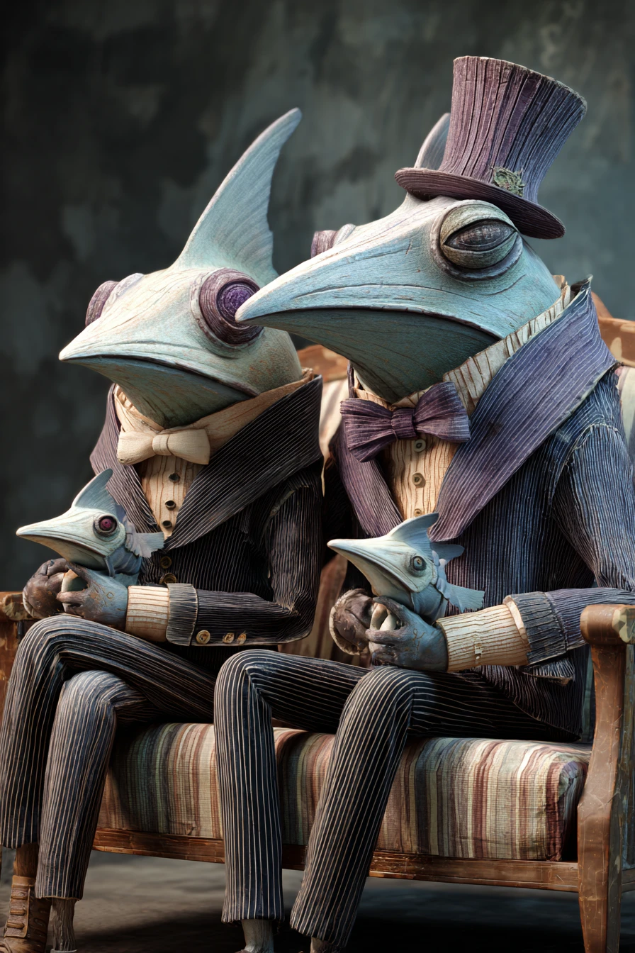 Surreal Dapper Bird Creatures On Striped Ornate Sofa