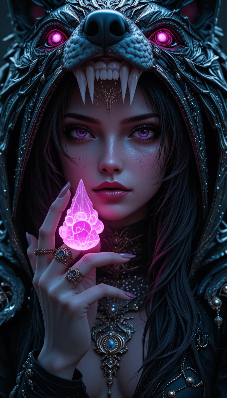Woman in wolf hood holding glowing pink emblem