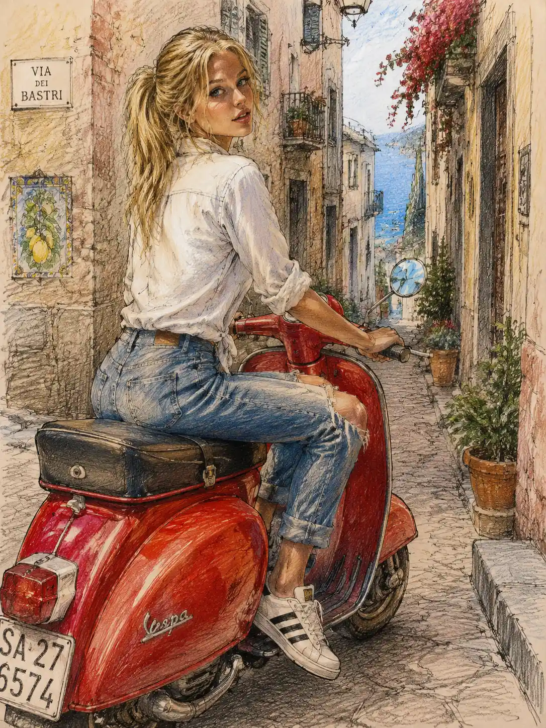 Blonde girl riding red scooter in narrow Mediterranean street