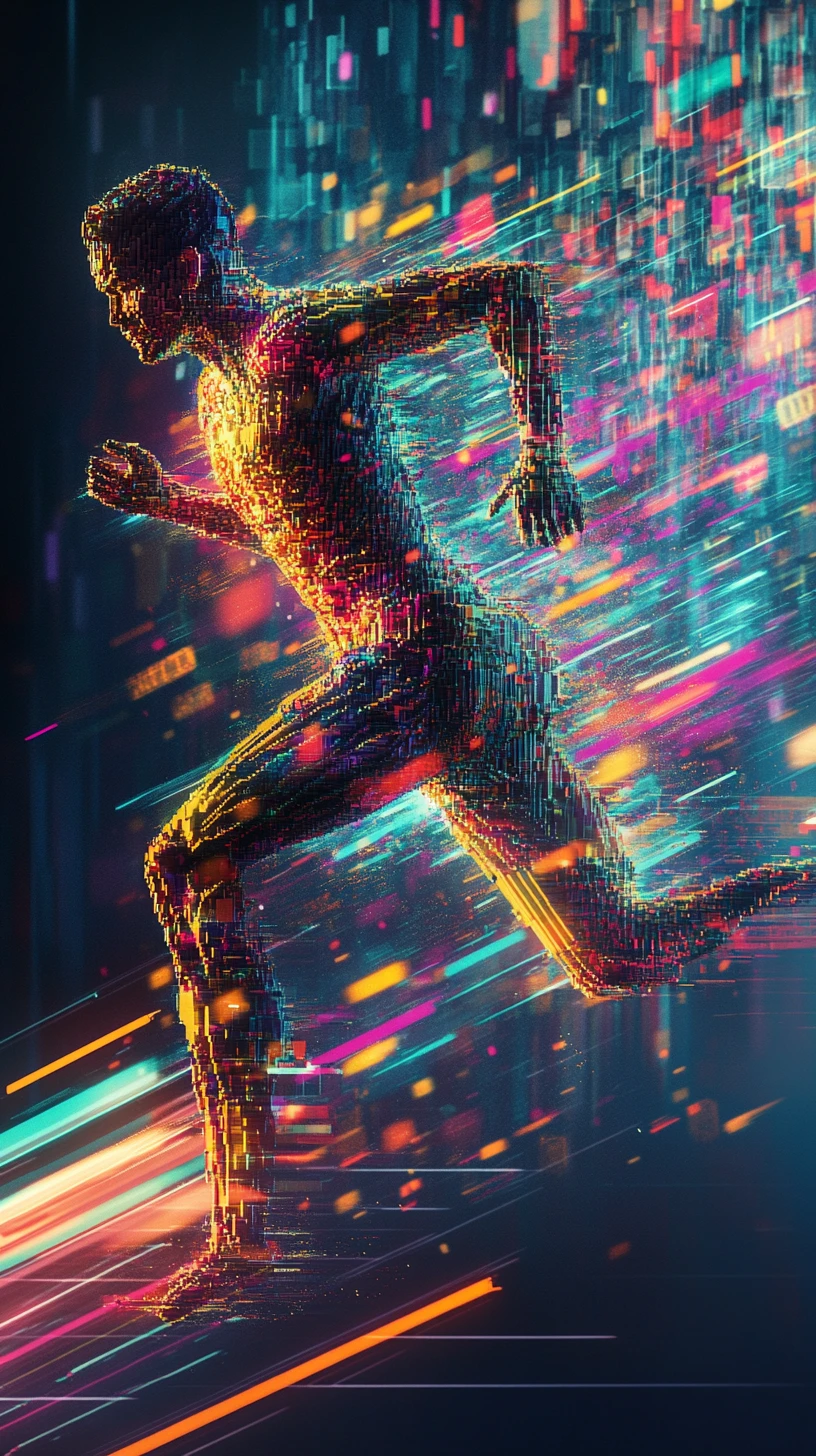 Abstract human runner built from architecture and data trails