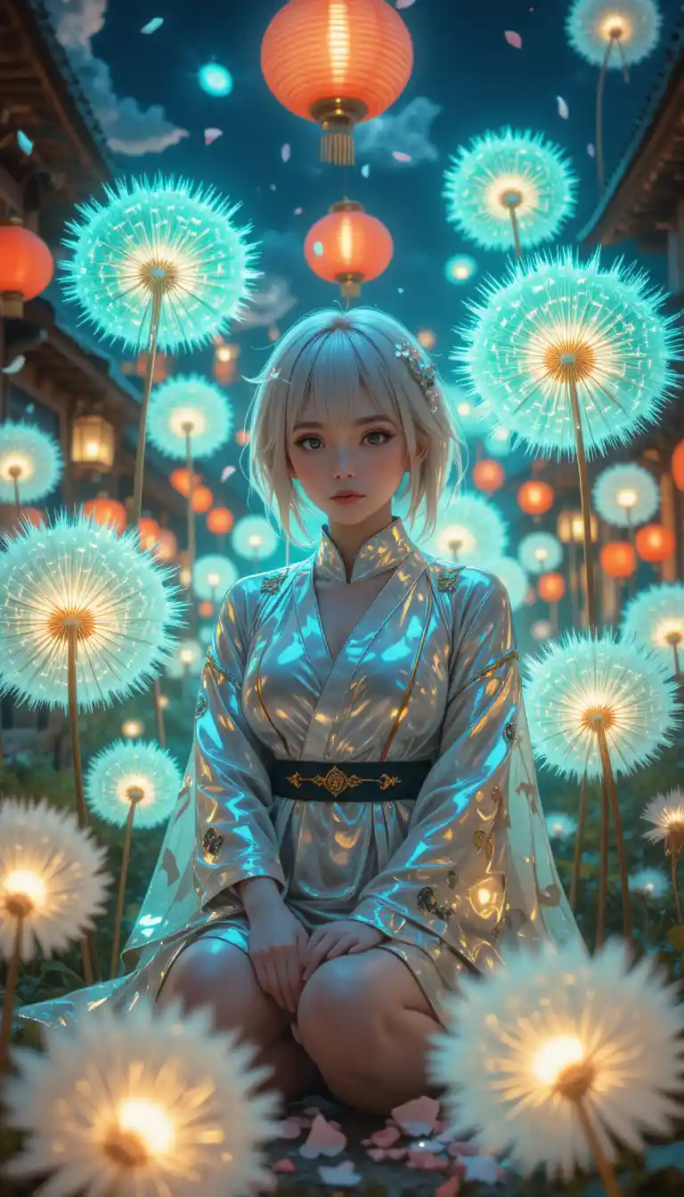 White haired anime girl with glowing dandelions at festival night
