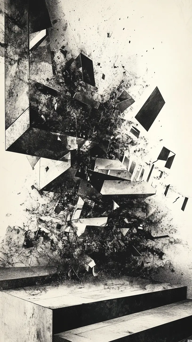 Interior architecture fragments collapsing into dynamic abstract space