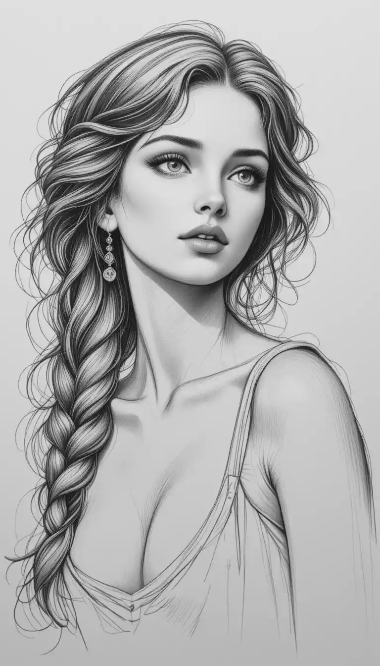 Black and white pencil portrait of a young woman