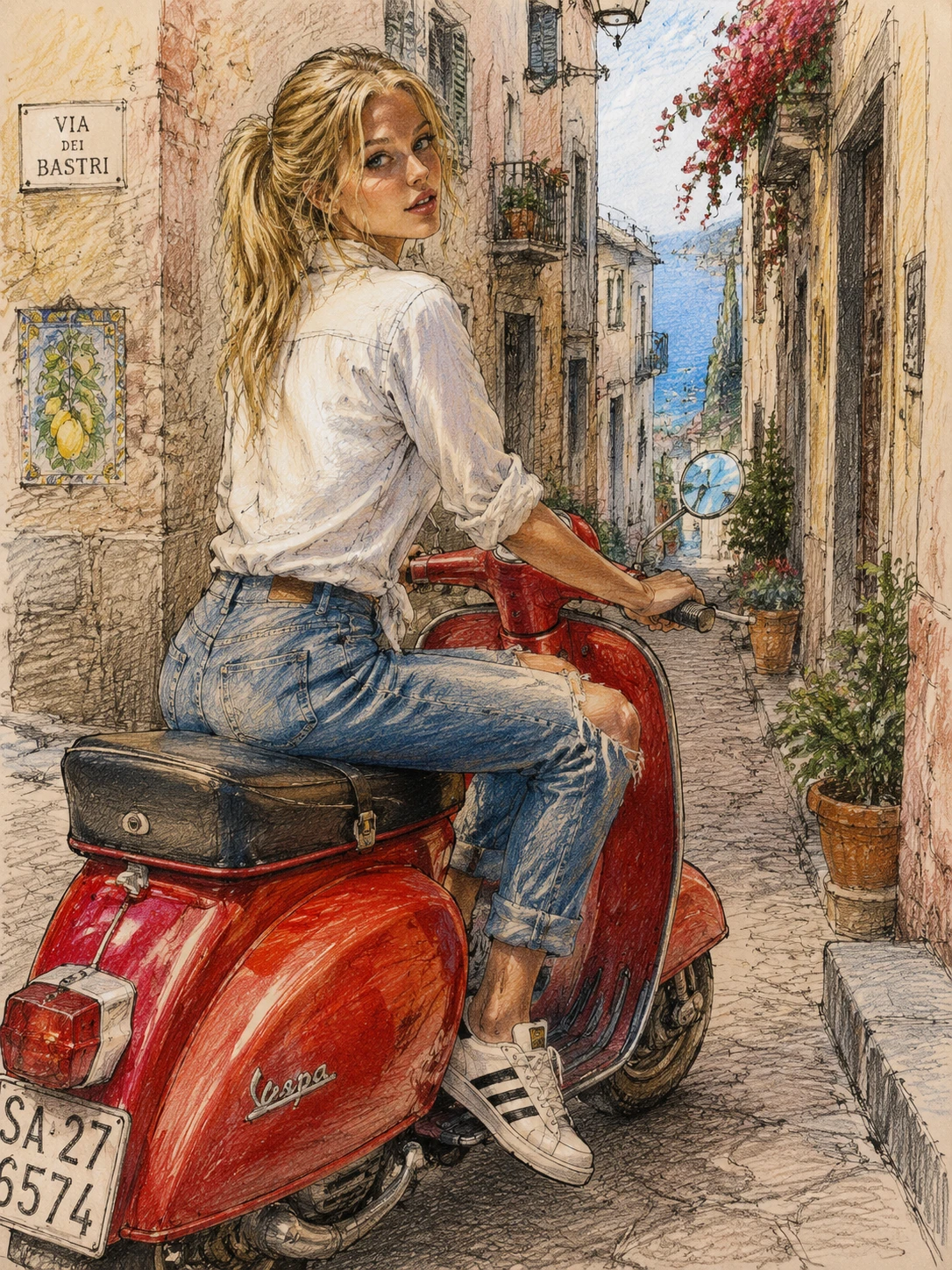 Blonde girl riding red scooter in narrow Mediterranean street
