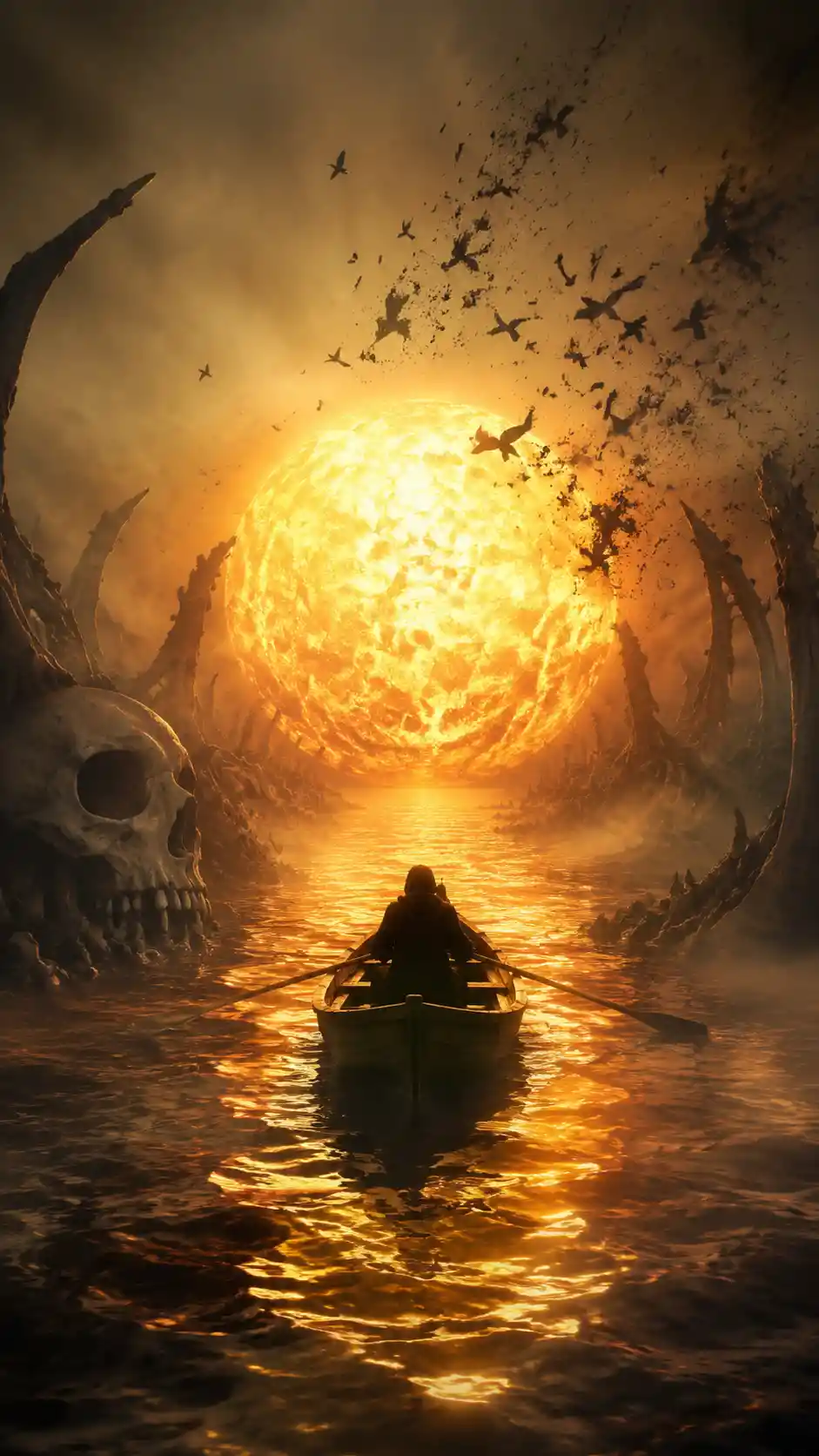 Ferryman rowing toward a gigantic sun over molten water