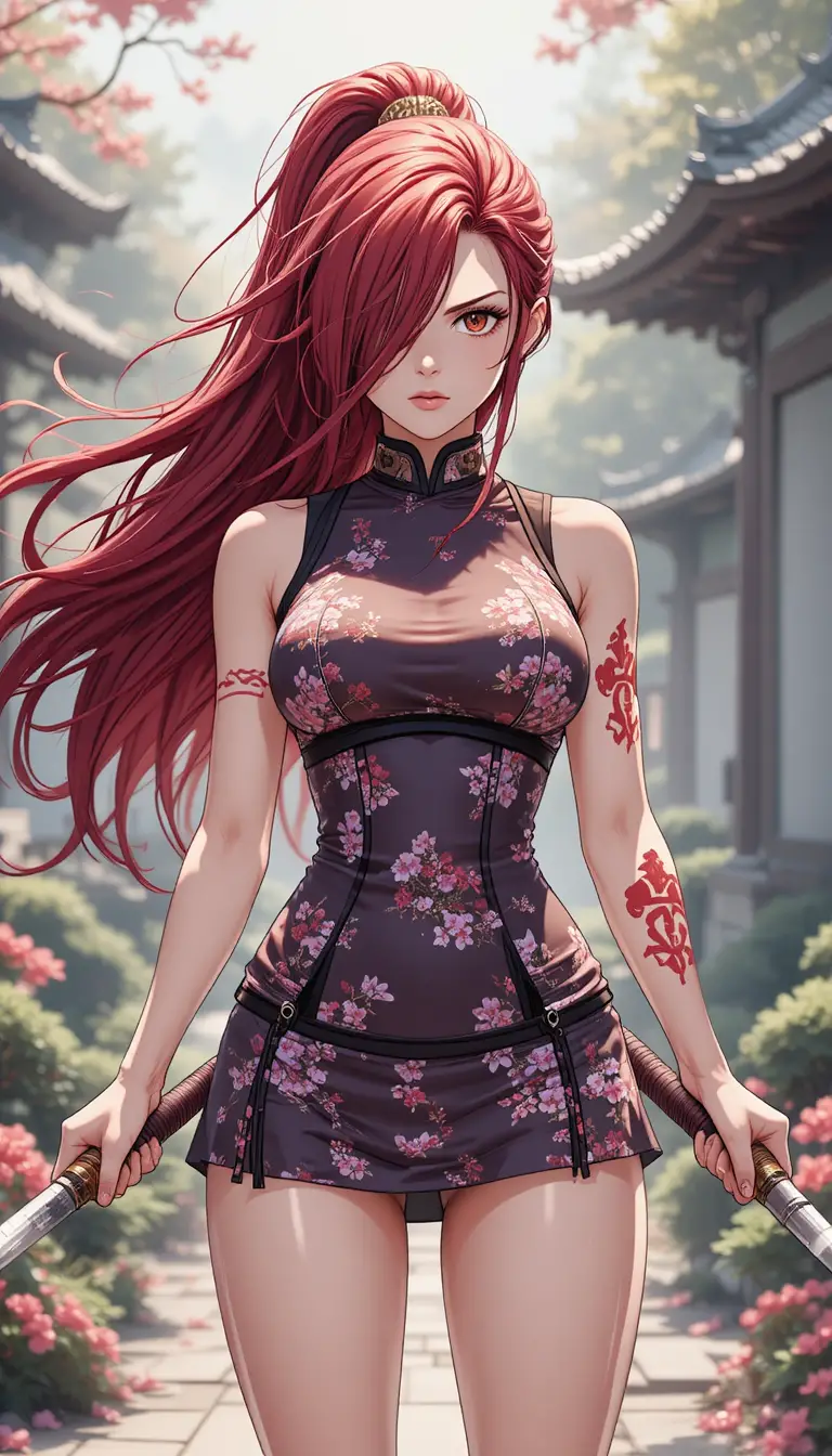 Anime warrior woman with twin katanas in a japanese garden