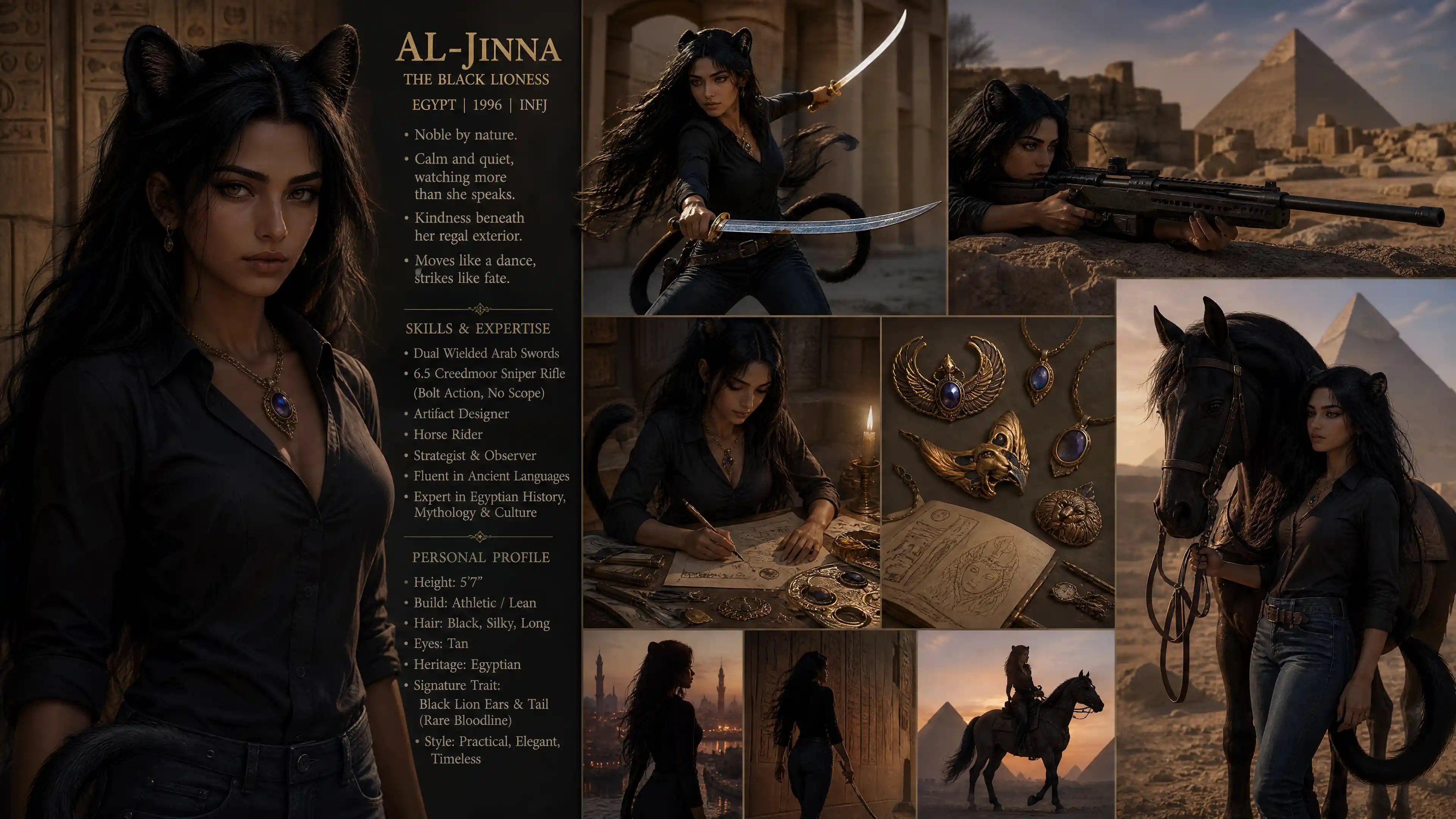 Fantasy Egyptian woman with black lion ears and tail