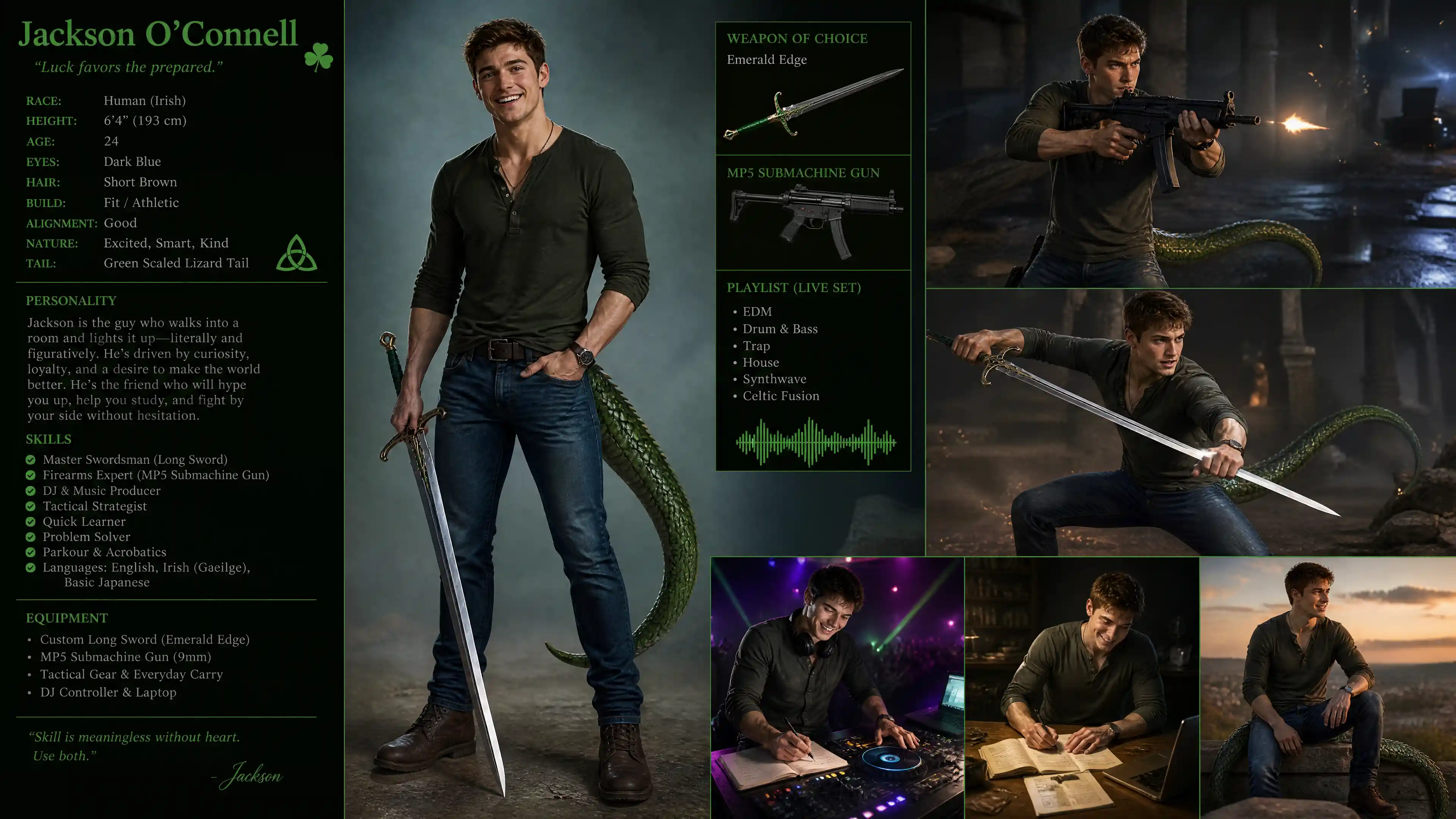 Tall fantasy man with lizard tail and modern weapons