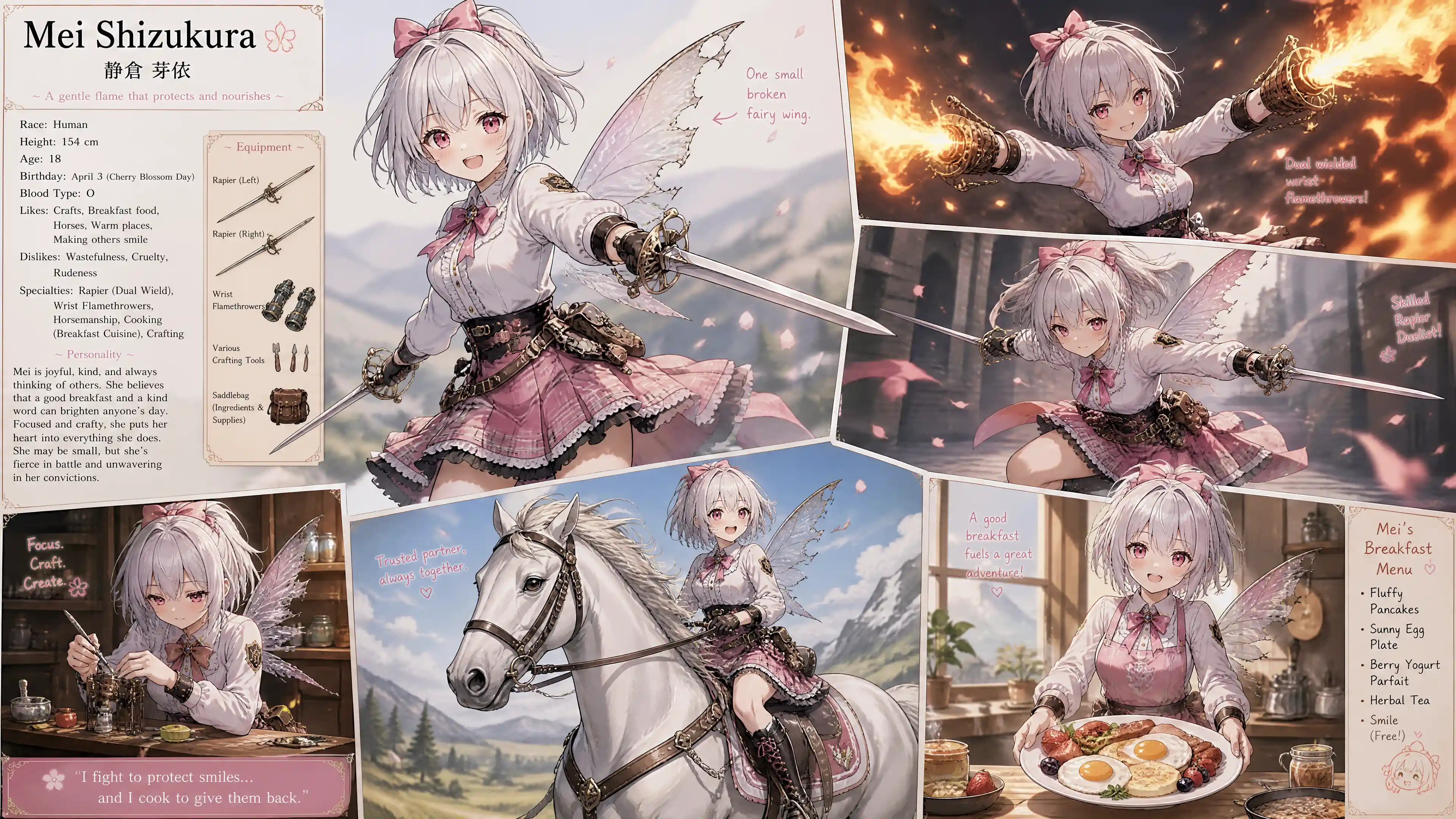 Joyful silver haired anime girl with a broken fairy wing