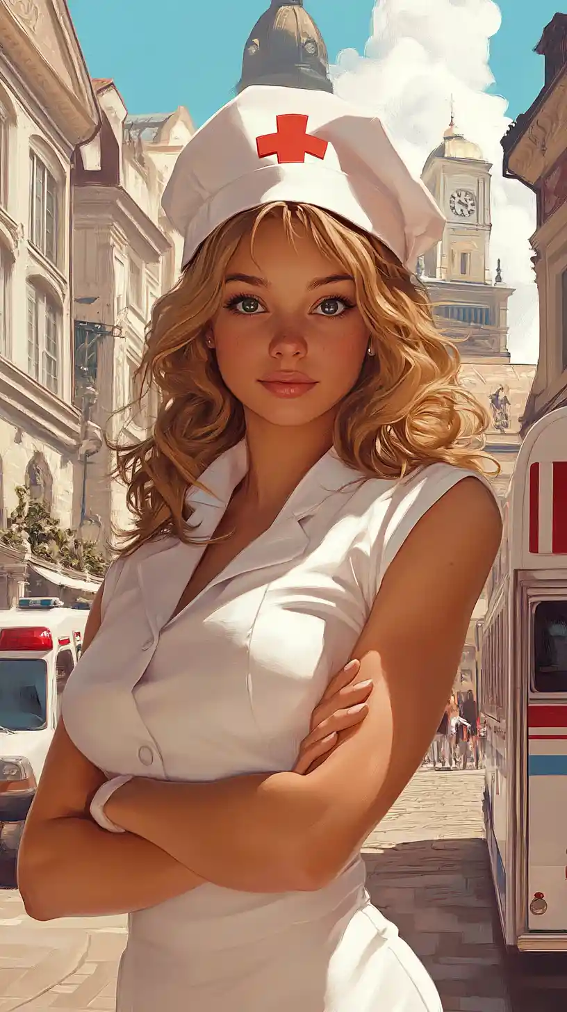 Stylish nurse on a European city street with ambulance