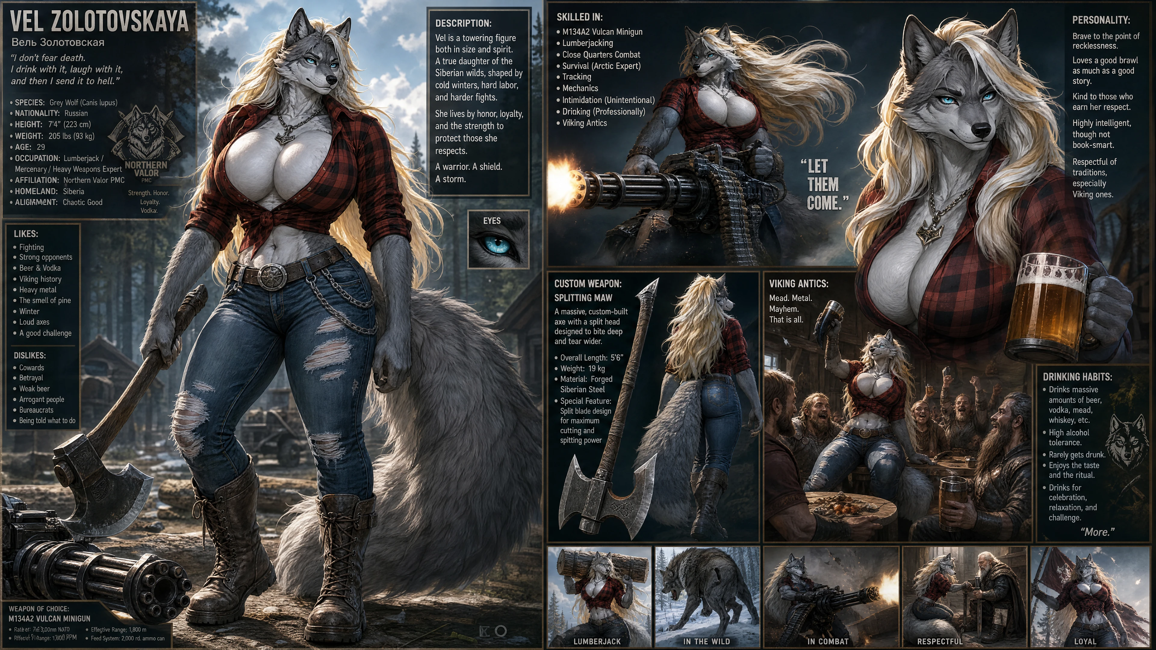 Tall gray wolf warrior woman with minigun and jeans