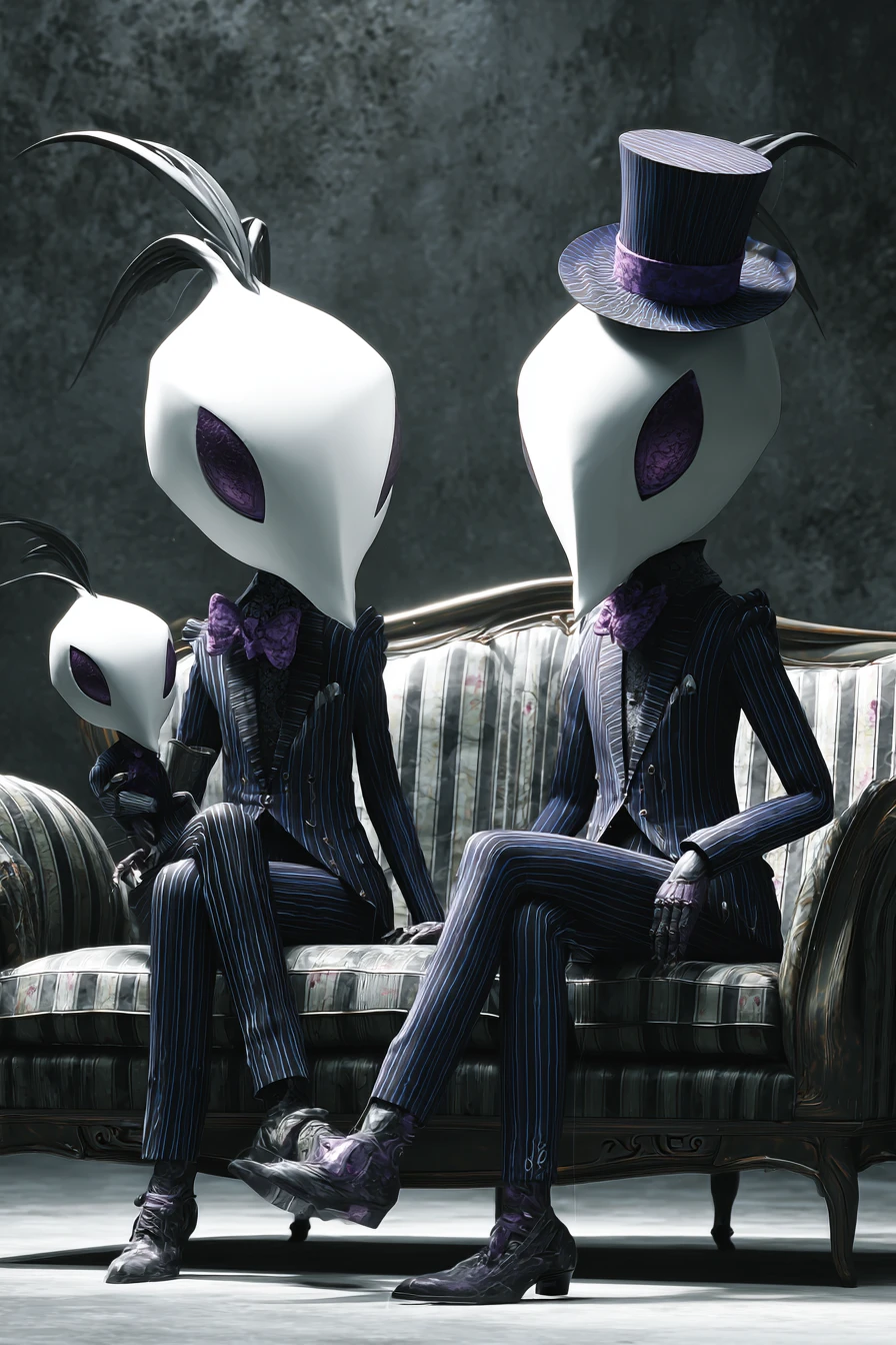 Surreal bird figures in striped suits on ornate sofa
