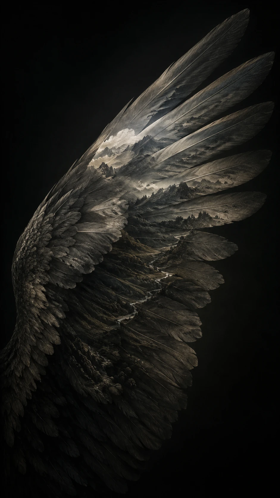 Surreal Angel Wing With Hidden Landscapes In Darkness