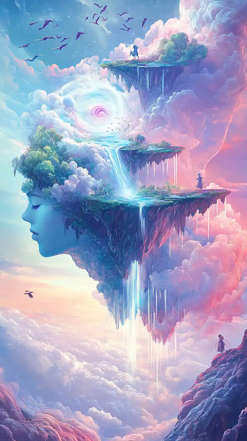 Surreal Human Profile Filled With Floating Fantasy Islands