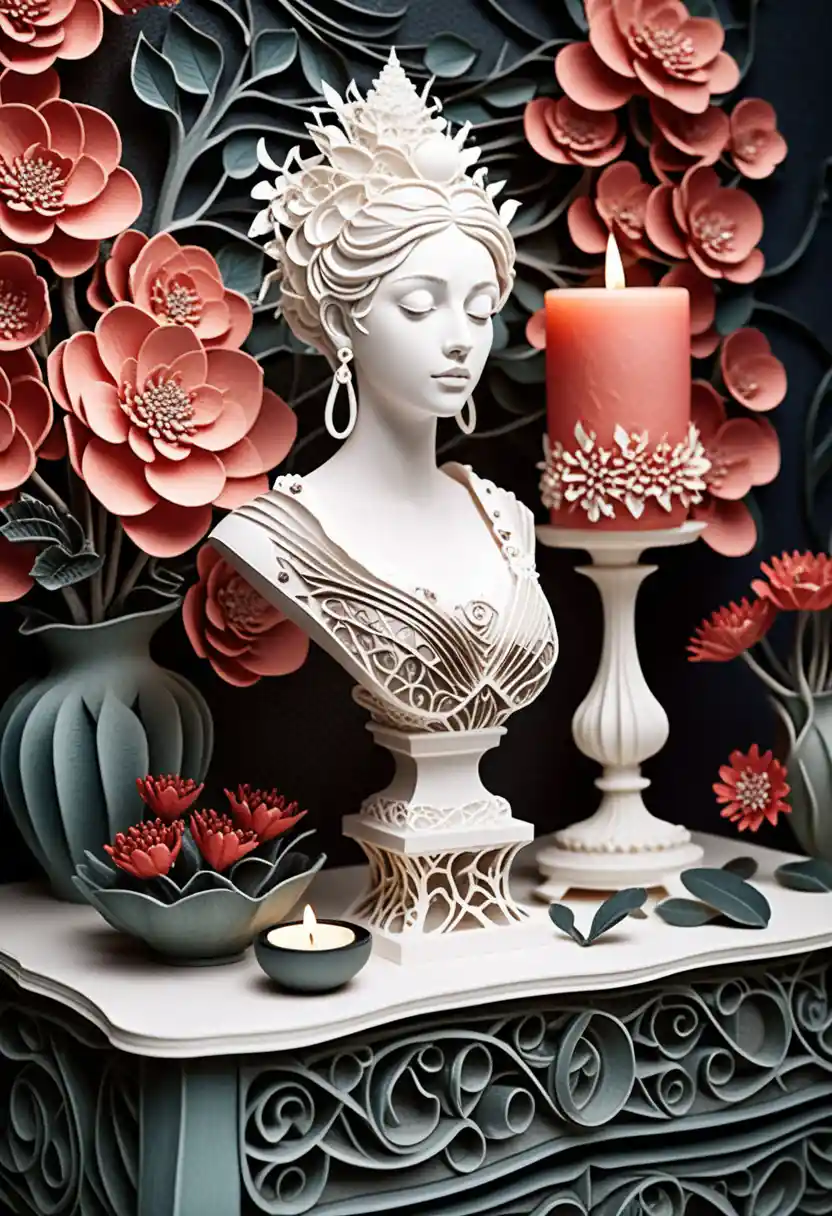 Delicate papier mache sculpture beside glowing vanity candle