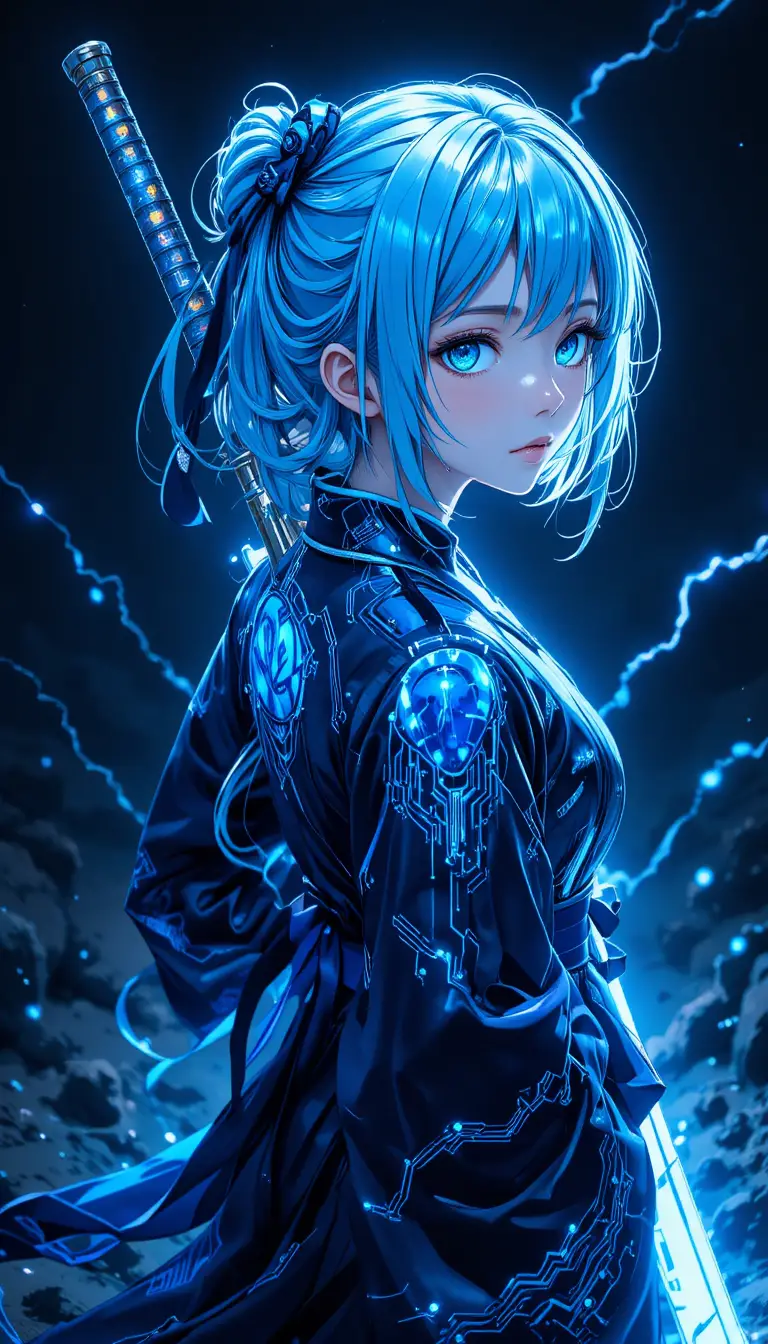 Cyber anime woman with glowing katana and electric gaze