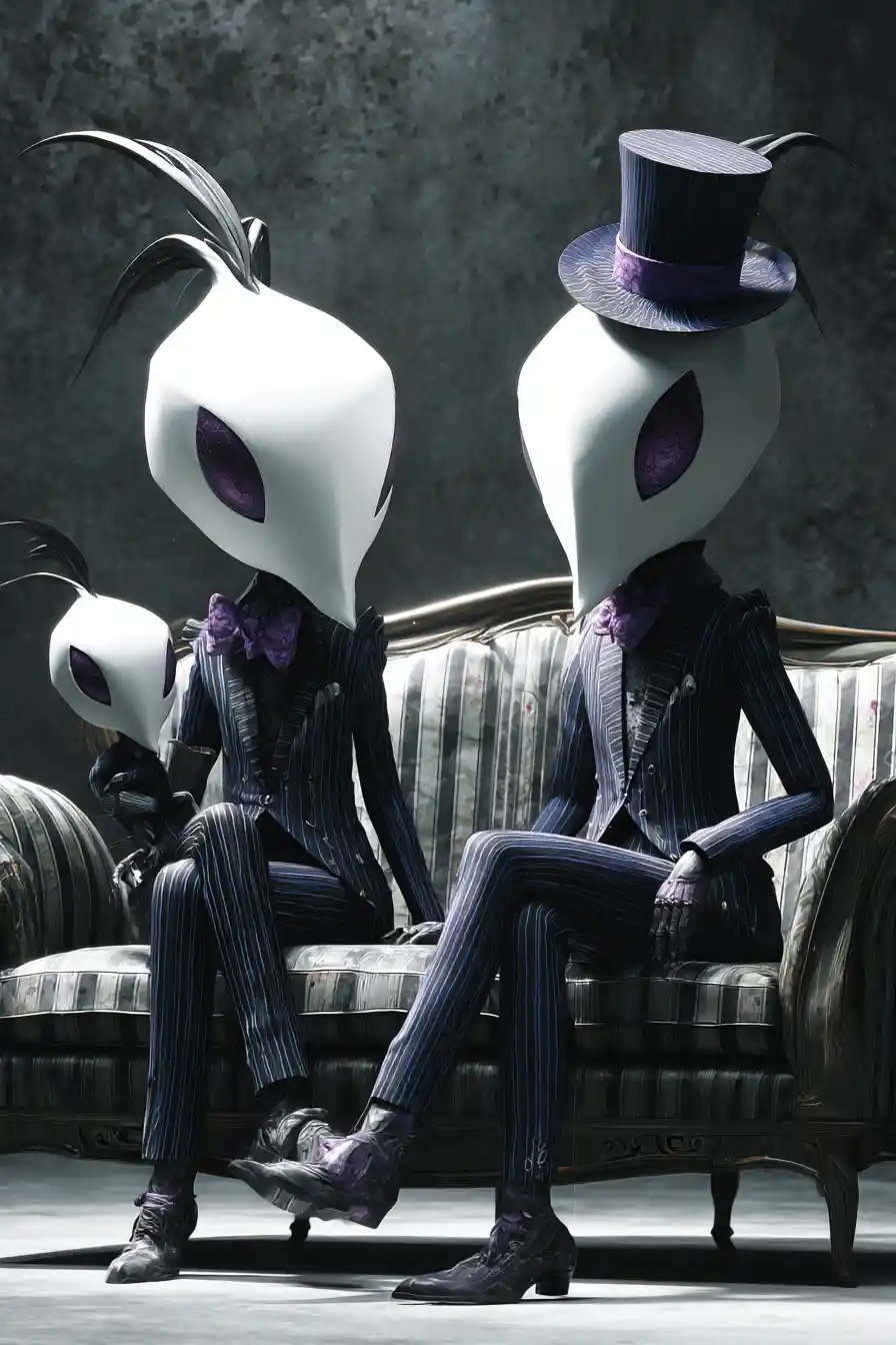 Surreal bird figures in striped suits on ornate sofa