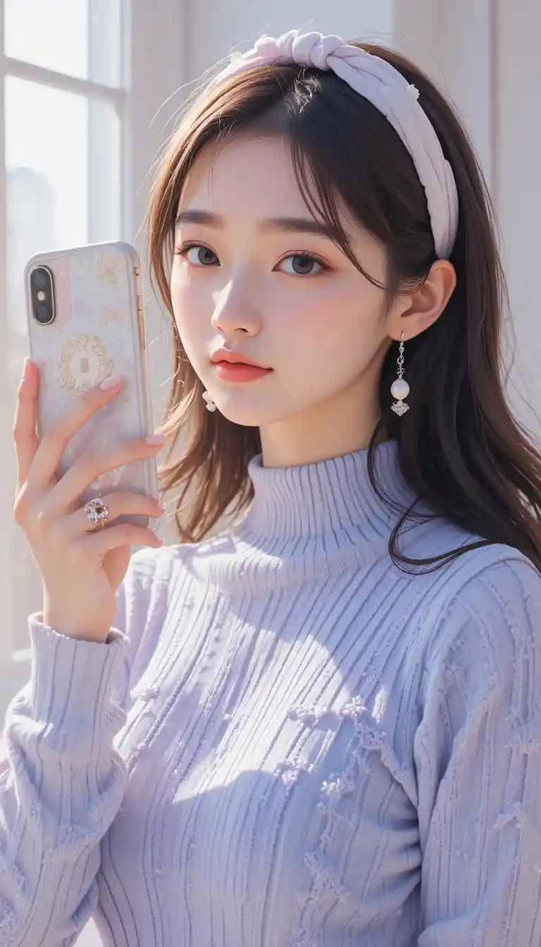 Elegant girl selfie illustration with pastel finger heart pose